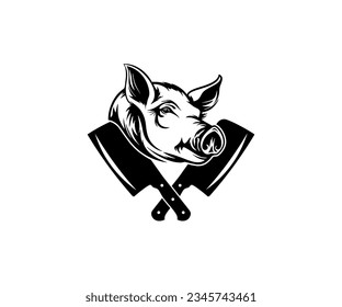 Pig, pork. Vintage, retro for Butchery logo design. Pig head silhouette and crossed butcher knives for butchery industry vector design and illustration.

