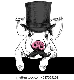 Pig portrait with mustache in a top hat. Vector illustration.