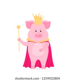 Pig prince in a crown with a scepter in his hand. Piglet king in the mantle.