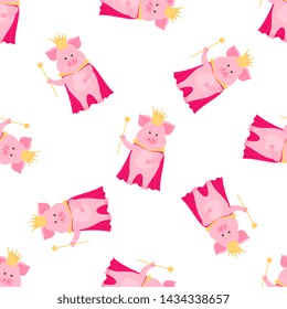 Pig prince in a crown with a scepter in his hand. Piglet king in the mantle seamless pattern