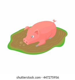 Pig in a puddle icon in cartoon style on a white background