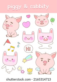 pig and rabbit fashion patch badges for sticker , postcard , invitation . vector illustration for kids