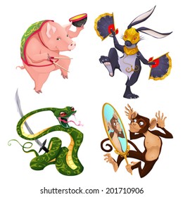 Pig, rabbit, snake and monkey. Four isolated vector animals in different activities.