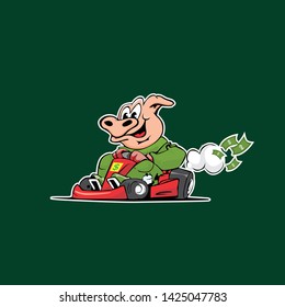 pig racing cartoon character with green background
