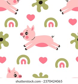 Pig and rainbow childish seamless pattern. Funny happy piglet with flowers and hearts. Repeat vector illustration. Modern colorful background.