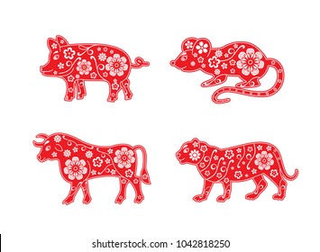 Cerdo, rata, toro, tigre, ratón, vaca, cerdo. Animales del Horóscopo Chino en 2019, 2020, 2021 y 2022 años. Elementos decorativos de flores. Colores rojo y blanco