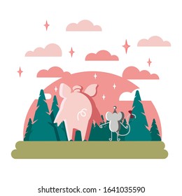 Pig and rat or mouse looking at the sky. Cute animals walking around the woods, trees. Cartoon characters. Piggy and rat's backs. Vector illustration isolated on white