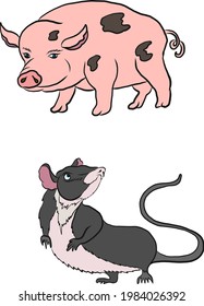 Pig and rat vector for coloring book and doodle art on white background.