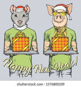 Concepto de vectores de cerdo y rata. Ilustración de cerdo y rata con traje humano celebrando Navidad y Año Nuevo