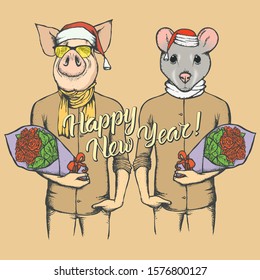 Pig and Rat vector concept. Illustration of Pig and Rat in human suit celebrating Christmas and New Year