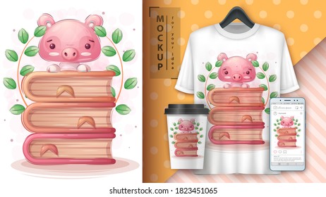 Pig read book poster and merchandising. Vector eps 10