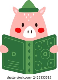 Pig Reading Book Vector Illustration