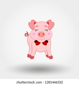 Pig with red bow. Icon. Vector illustration. Flat design