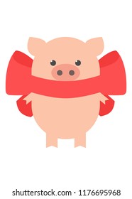 Pig with a red bow. Sweet pig. Cartoon, vector