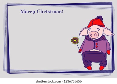 Pig in a red hat with candy. Christmas illustration - congratulations. Fairy-tale character wishes a Happy New Year.