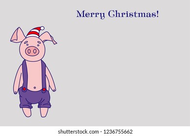 Pig in a red hat with candy. Christmas illustration - congratulations. Fairy-tale character wishes a Happy New Year.