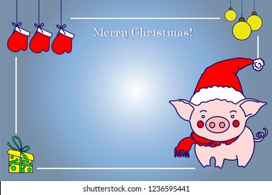 Pig in a red hat and a red scarf. Christmas illustration - congratulations. Fairy-tale character wishes a Happy New Year.