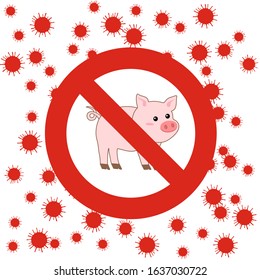 A pig in red round sign isolated on white background. Concept about sickness, farm, prevent, avoiding medical and etc.