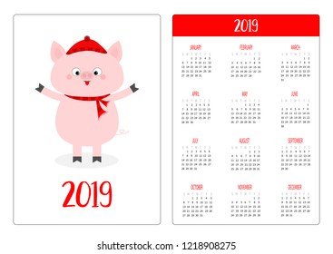 Pig in red winter hat and scarf. Simple pocket calendar layout 2019 new year. Week starts Sunday. Cute cartoon character. Vertical orientation. Flat design. White background. Vector
