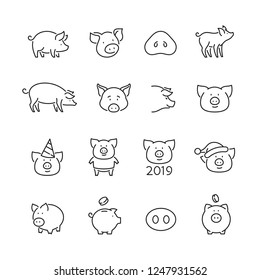 Pig related icons: thin vector icon set, black and white kit