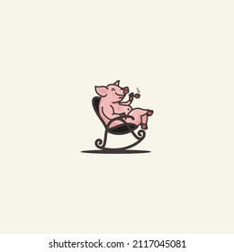 A pig resting in a rocking chair smoking a cigar like a boss, this logo is great for any company that needs a cute and vintage concept in their logo.