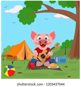 Pig resting in the woods with a tent and a guitar. Vector illustration on the theme of the campaign. Symbol of 2019.