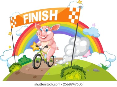 A pig rides a bike under a rainbow finish line