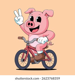 Pig Riding a Bike Cartoon Illustration