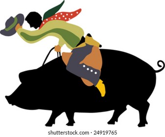 pig riding cowboy Illustration with clipping path