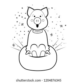 Pig riding on a rubber cheesecake from the mountain. Happy holidays, walks. Surrounded by hand drawn snowflakes. Contour style. Coloring for kids. Isolated on white background. Vector illustration.