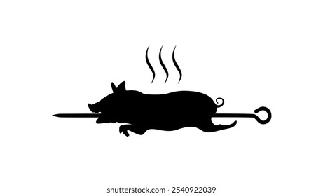 pig roasting on spit, black isolated silhouette