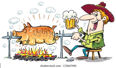 Pig roasting over a fire.