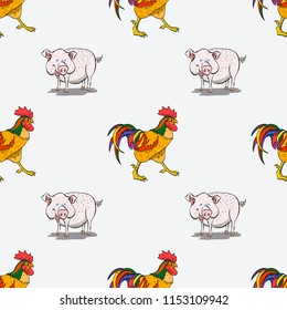 pig and rooster seamless pattern