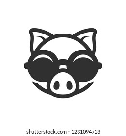 Pig in round sunglasses icon. Piggy logo