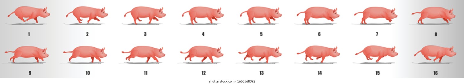 Pig run cycle animation frames, loop animation sequence sprite sheet 