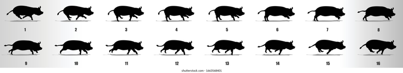 Pig run cycle animation frames silhouette, loop animation sequence sprite sheet 