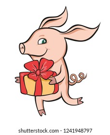 Pig running with a gift box