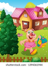 Pig running from a house