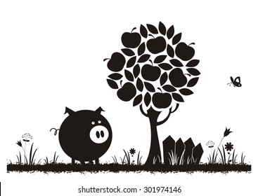 Pig. Rural landscape. Black and white vector silhouettes.