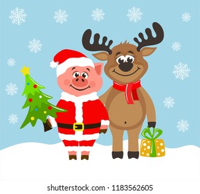 Pig in Santa Claus costume and funny reindeer. Greeting card for Christmas or New Year on a blue background. Cartoon characters with christmas tree and gift box  Flat style. Vector image for kids.