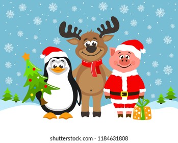 Pig in Santa Claus costume, funny reindeer and cute penguin. Greeting card for Christmas or New Year on a blue background. Cartoon characters with christmas tree and gift box. Flat style. Vector.