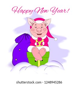 A pig in a Santa Claus costume is holding a gift in its paws. The symbol of the new year on the background of spruce and a bag of gifts. Vector illustration. Print on a t-shirt, mug. Greeting card.