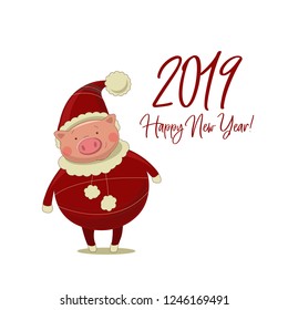 Pig Santa Claus greeting card happy new year. character