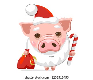 Pig with Santa Claus hat and beard. Symbol of New year Xmas holiday. Vector illustration on white background.