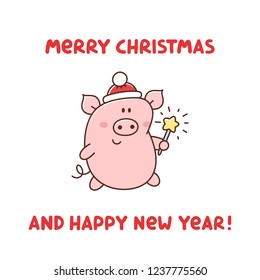 Сute pig in a Santa Claus hat with Bengal fire. Merry Christmas and Happy New Year! It can be used for sticker, patch, phone case, poster, t-shirt, mug and other design.