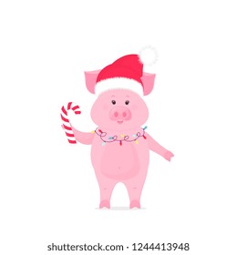 Pig in santa claus hat and christmas garland holding striped candy
