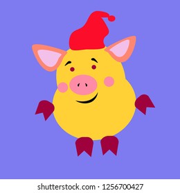 Pig in Santa Claus hat.Funny Christmas pig icon.Flat.Hand drow vector great design element for sticker, patch or poster. Chinese Zodiac Sign Year of Pig.Happy Chinese New Year 2019 .