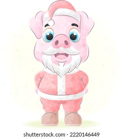 Pig in santa clothes with watercolor illustration