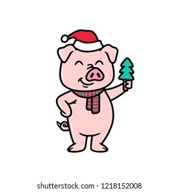 PIG IN SANTA HAT WITH CHRISTMAS TREE WHITE BACKGROUND