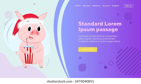 Pig in Santa hat drinking cocktail. Beverage, mascot, milkshake. Party, New Year, Christmas concept can be used for banner, website design, landing page
